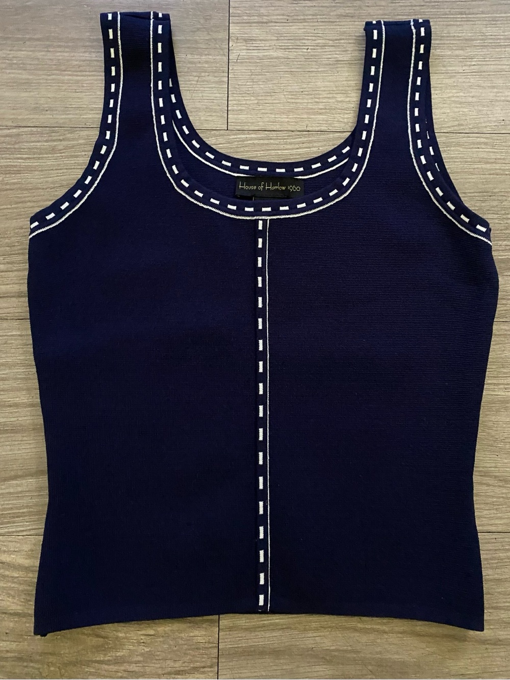 House of Harlow 1960 Navy Ribbed Knit Tank with White Stitch Detailing